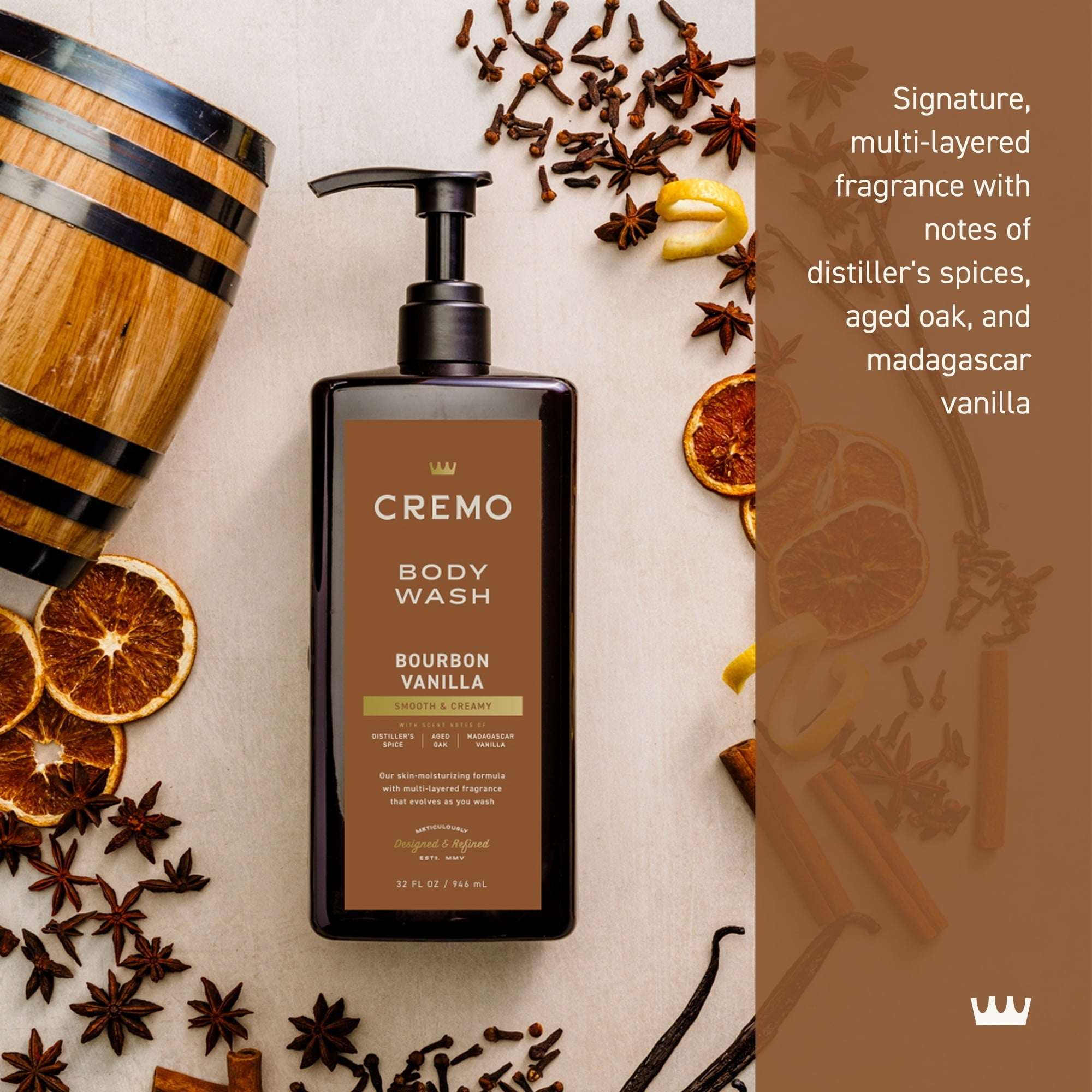Cremo Men's Body Wash, Bourbon Vanilla Scent, 32 fl oz