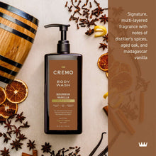 Brown body wash bottle with black pump, Bourbon Vanilla label and spices