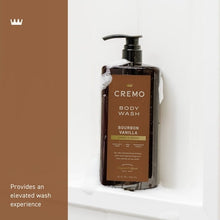 Brown body wash bottle with black pump, label Bourbon Vanilla