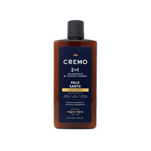 Cremo 2-in-1 shampoo & conditioner bottle with Palo Santo label, amber plastic