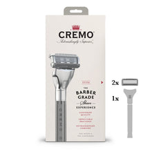 Cremo razor kit in a cardboard package with a shown razor and blade count