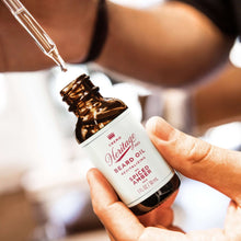 Hand holding Heritage beard oil bottle while dropper dispenses oil