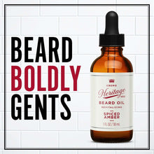 Spiced amber beard oil bottle with black dropper cap, front label