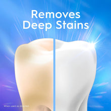 Whitening toothpaste effect on a split tooth, left darker and right brighter.