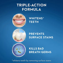 Triple-action whitening mouthwash benefits panel: whitens, prevents surface stains, germs