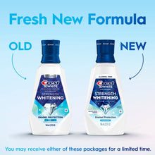Two Crest strength whitening alcohol-free mouthwash bottles, old vs new formula