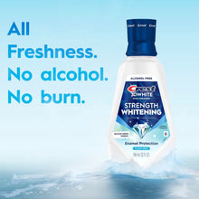 Crest alcohol-free strength whitening mouthwash bottle with enamel protection claim