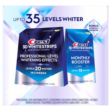 Crest 3D Whitestrips kit box with professional-level whitening and monthly booster