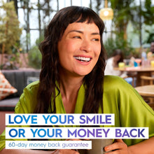 Teeth whitening kit with “Love your smile” money-back guarantee text over person
