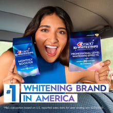 Crest 3D Whitestrips professional-level and monthly booster packs held by smiling person
