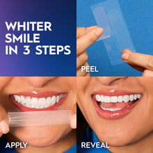 Whitening strips application with clear strip on teeth, smiling mouth close-up