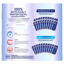 Whitestrips kit back panel with peel, apply, and monthly booster usage steps