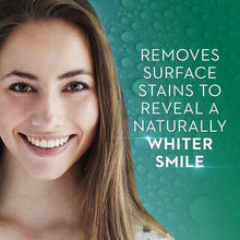 Smiling woman with text on blue background about removing surface stains