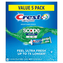 Crest Complete Scope Outlast Ultra toothpaste value 5-pack box, blue and green