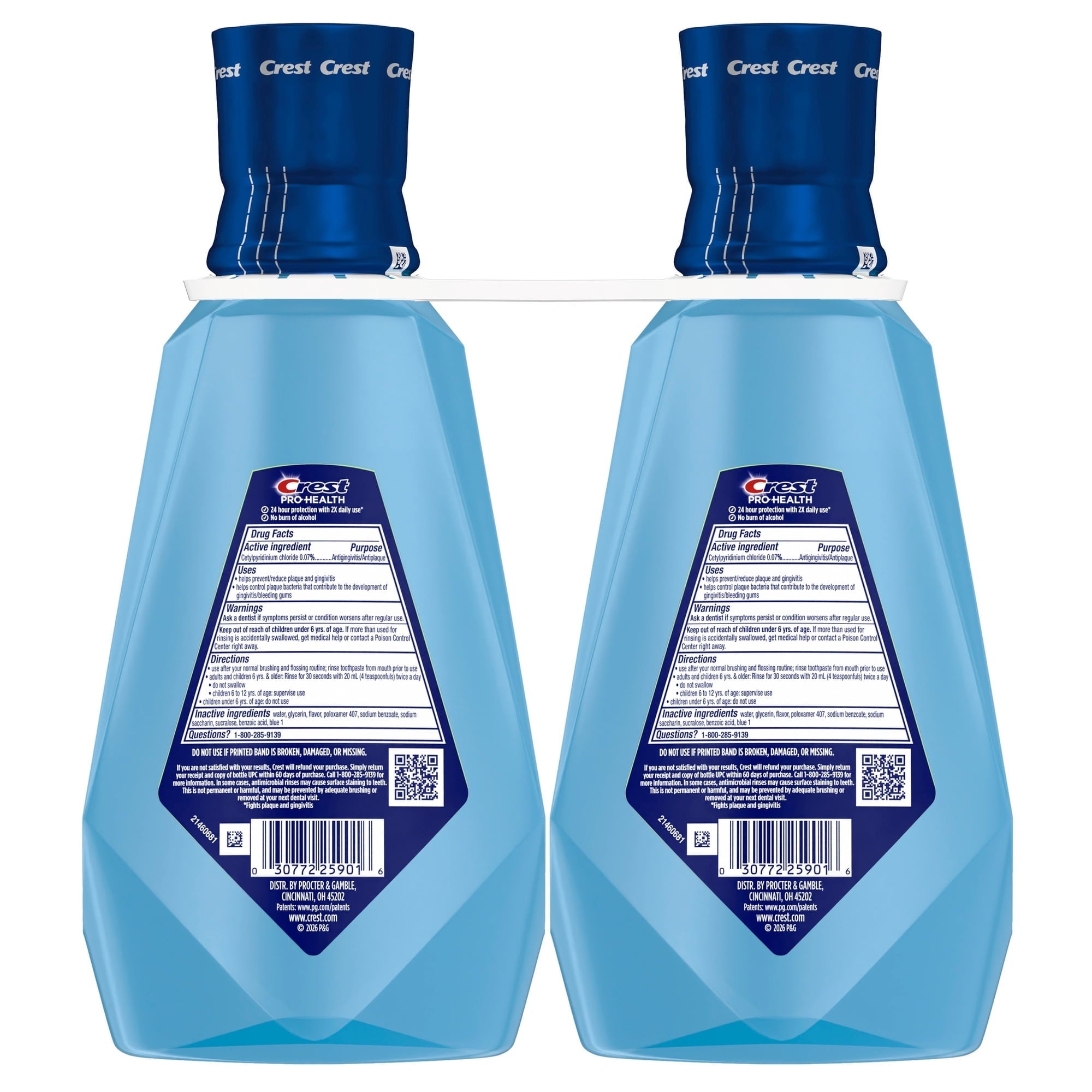 Crest Mouthwash Pro Health Complete Clean, Alcohol Free, Clean Mint, 1 L, 2 Pack