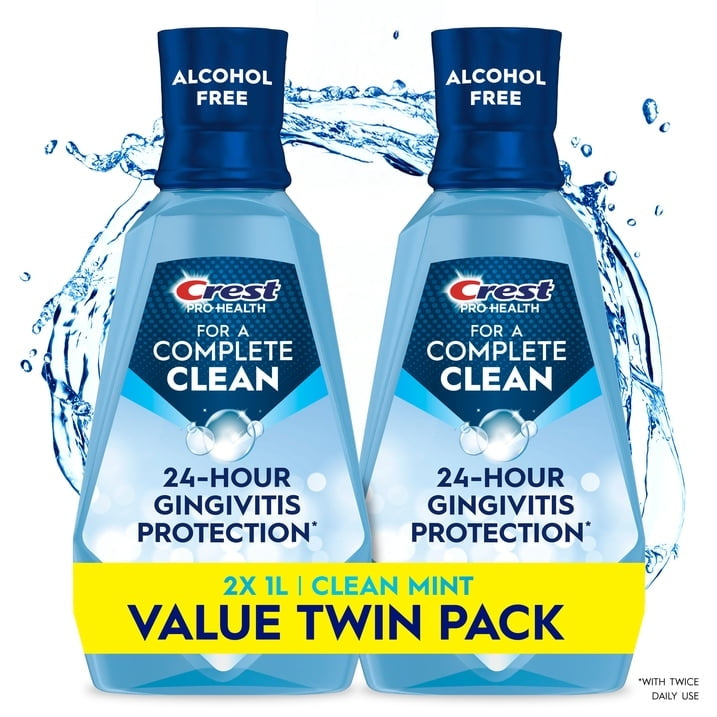 Crest Mouthwash Pro Health Complete Clean, Alcohol Free, Clean Mint, 1 L, 2 Pack