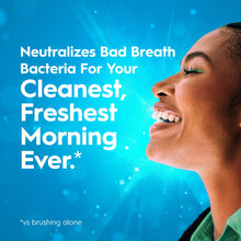 Crest alcohol-free clean mint mouthwash bottle in hand, fresh morning