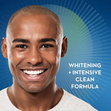 Whitening + intensive clean toothpaste formula graphic with smiling man