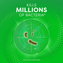 Crest Scope antibacterial graphic with green circle and 'Kills millions of bacteria' text