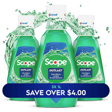 Crest Scope Outlast mouthwash multipack of three green bottles with mint-fresh labels