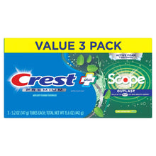 Crest Premium Scope Outlast value 3 pack box with active foam whitening