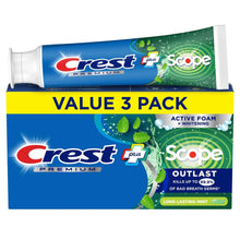 Crest Premium Scope Outlast fluoride toothpaste tubes, mint, 3-pack value box