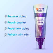 Crest 3DWhite deep stain remover daily toothpaste tube, purple gel dispenser