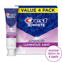 Crest 3DWhite Advanced Luminous Mint toothpaste, value 4 pack box with tube