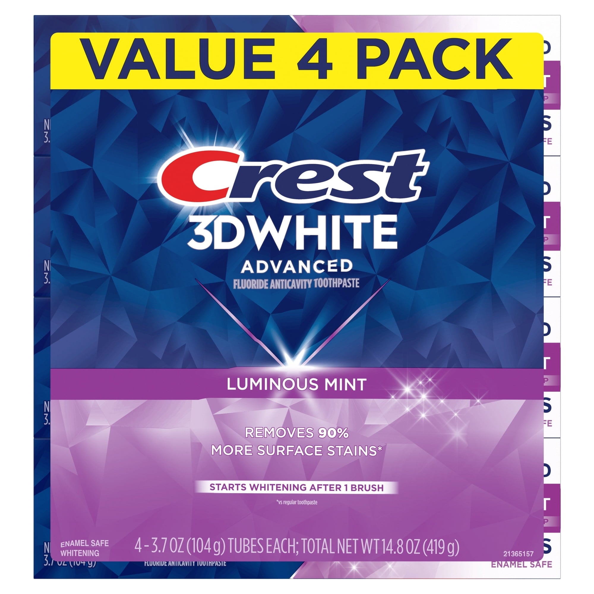 Crest Toothpaste, 3DWhite Advanced, Luminous Mint, 3.7 oz, Pack of 4