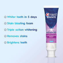 Crest 3DWhite Advanced Luminous Mint toothpaste tube, single pack