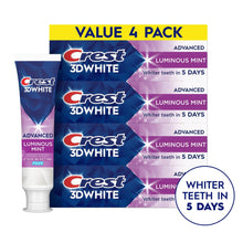 Crest 3D White Luminous Mint toothpaste value 4-pack with tubes and whitening in 5 days