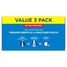 Crest value 3 pack box back panel, use together for fresher breath