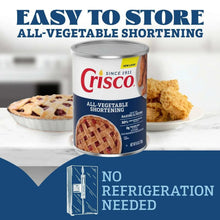 Crisco all-vegetable shortening can with easy to store and no refrigeration needed callout