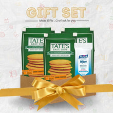 Lemon cookie gift set with green cookie boxes, blue wipes pouch, and gold bow
