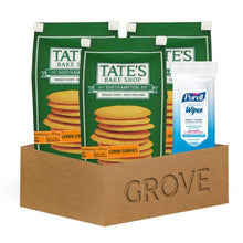 Lemon cookie gift bundle with green boxes and blue hand sanitizing wipes pouch