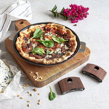 Wooden pan side handle with round chrome insert and CRISTEL logo