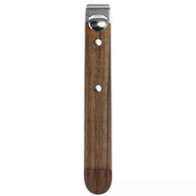 Dark wood detachable cookware handle with metal locking plate and rivets