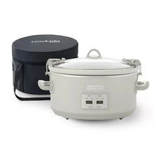 7-quart programmable slow cooker with black carry bag and white stoneware pot