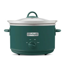 Teal ceramic slow cooker with white lid, knob and Crock-Pot control panel