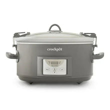 Grey programmable oval slow cooker with locking lid and side handles
