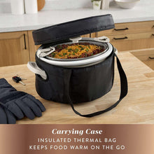 Insulated thermal carrying case with black cover holding a Crock-Pot slow cooker