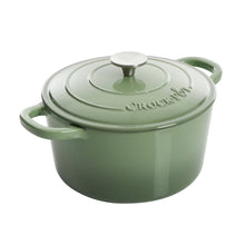 Pistachio green dutch oven with lid knob and embossed “Crock-Pot” logo