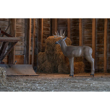 3-D buck target with antlers beside bundled hay, beige body