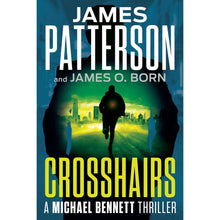 Paperback thriller book, Crosshairs title on dark blue and green cover