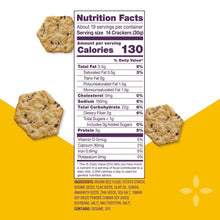 Nutrition facts panel on a multi-grain 5-seed cracker package with crackers pictured