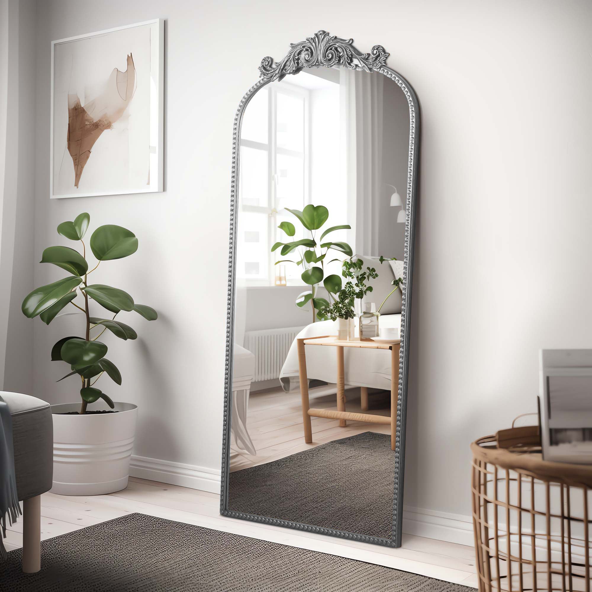 Crystal Art Gallery 22" x 64" Black Filigree Arch Metal Full Length Floor Leaner Mirror