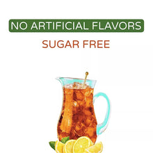 Sugar-free iced tea mix pitcher graphic with label 'No artificial flavors'