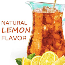 Natural lemon flavor iced tea mix, glass pitcher with ice and lemon