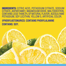 Ingredients panel for lemonade mix with citric acid and potassium citrate, contains soy