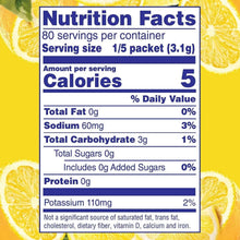 Nutrition facts panel for lemonade mix, showing 5 calories per 1/5 packet